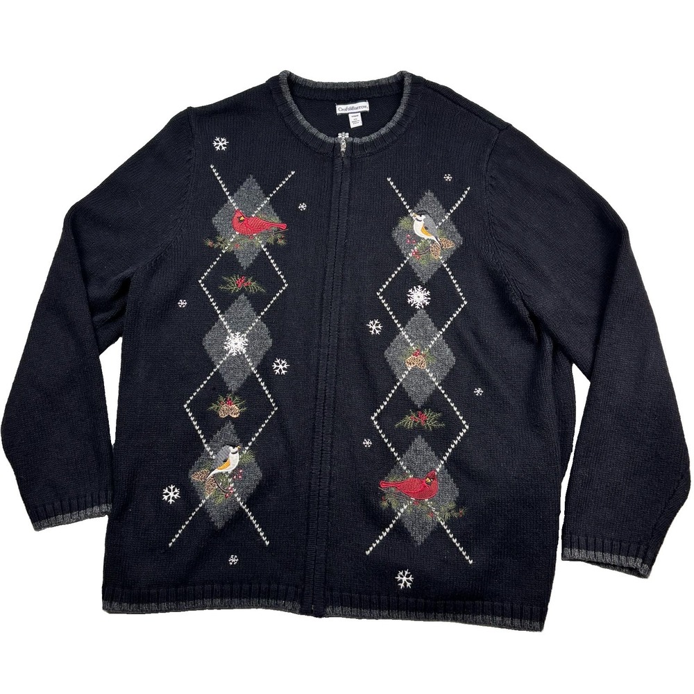 Croft Barrow Sweater Women Sz 1X Christmas Cardinals Argyle Full Zip Cardigan